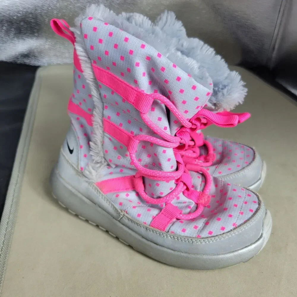 Nike Rosherun Hi Sneakerboot Girls 12 Silver Pink Comfy‎ Faux Leather Snow Boots